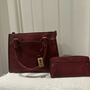 Frye Burnt Apple Leather Satchel with Matching Wallet